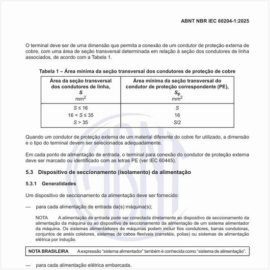 Qual deve ser área mínima da seção transversal dos condutores de proteção de cobre?
