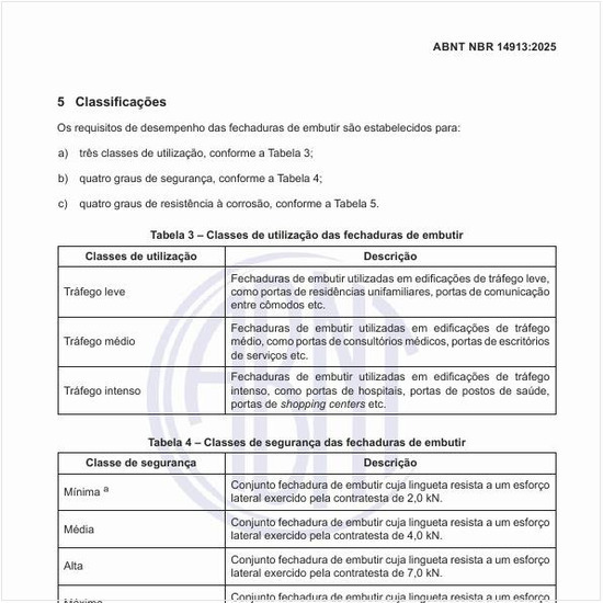 Quais são as classes de utilização das fechaduras de embutir?
