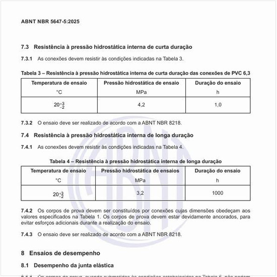 Qual deve ser a resistência à pressão hidrostática interna de longa duração?