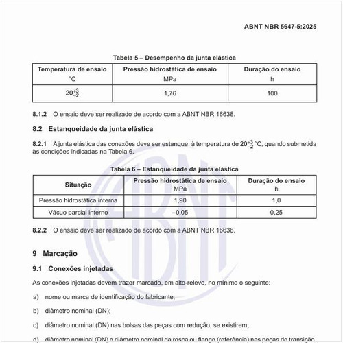 Qual deve ser a estanqueidade da junta elástica?