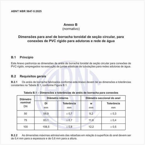 Quais as dimensões para anel de borracha toroidal de seção circular, para conexões de PVC rígido para adutoras e rede de água?