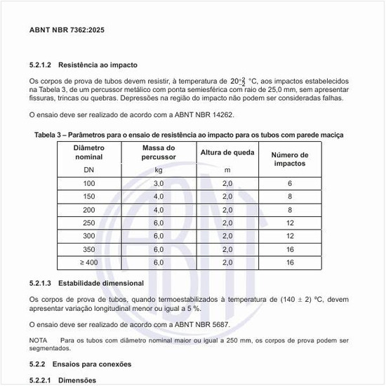 Quais são os parâmetros para o ensaio de resistência ao impacto para os tubos com parede maciça?