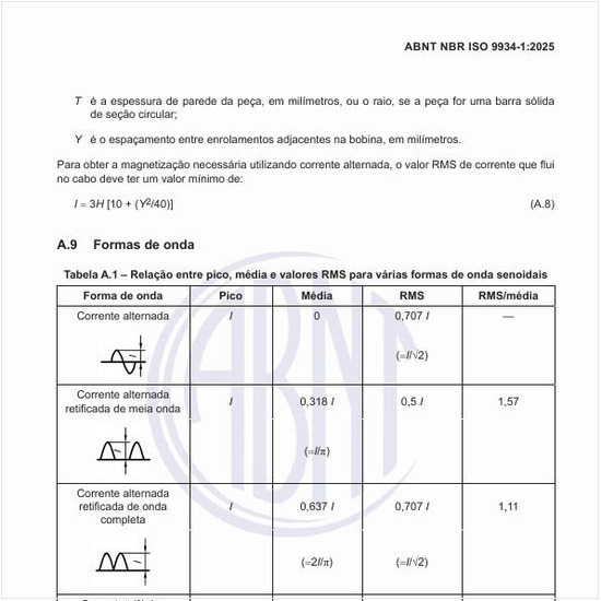 Qual a relação entre pico, média e valores RMS para várias formas de onda senoidais?