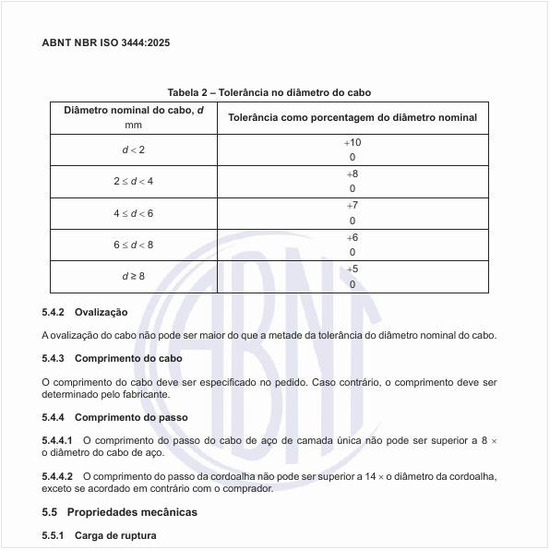 Qual deve ser a tolerância no diâmetro do cabo?