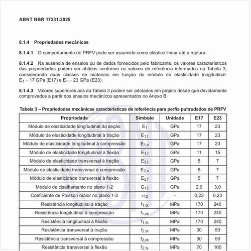 Quais são as propriedades mecânicas características de referência para perfis pultrudados de PRFV?
