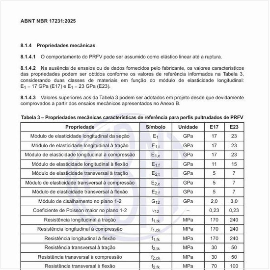 Quais são as propriedades mecânicas características de referência para perfis pultrudados de PRFV?