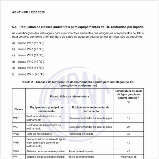 Quais são as classes de temperatura de resfriamento líquido para instalação de TIC (operação do equipamento)?