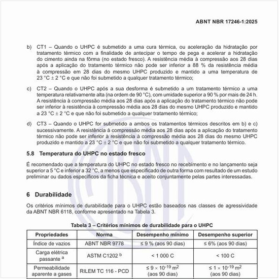 Quais os critérios mínimos de durabilidade para o UHPC?