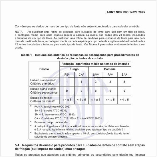 Qual é o resumo dos critérios de requisitos de desempenho para procedimentos de desinfecção de lentes de contato?