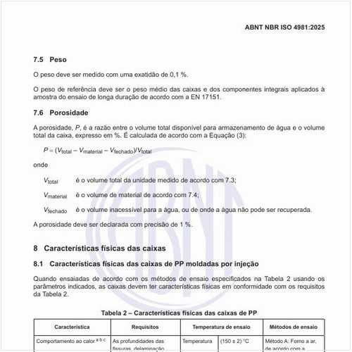 Quais são as características físicas das caixas de PP?