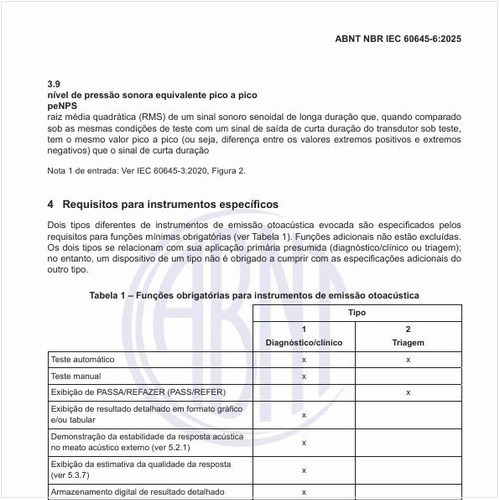 Quais são as funções obrigatórias para instrumentos de emissão otoacústica?