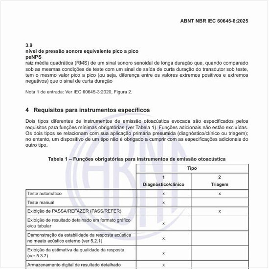 Quais são as funções obrigatórias para instrumentos de emissão otoacústica?