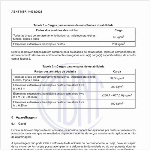 Quais devem ser as cargas para ensaios de resistência e durabilidade?