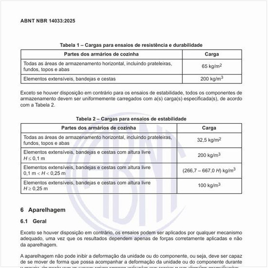 Quais devem ser as cargas para ensaios de resistência e durabilidade?