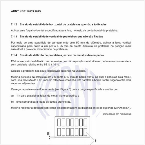 Como deve ser executado o ensaio de deflexão de prateleiras, exceto de metal, vidro ou pedra?