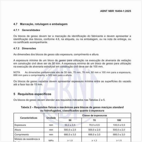 Quais são os requisitos físicos e mecânicos para blocos de gesso maciços standard ou hidrofugados, classificados quanto à espessura?
