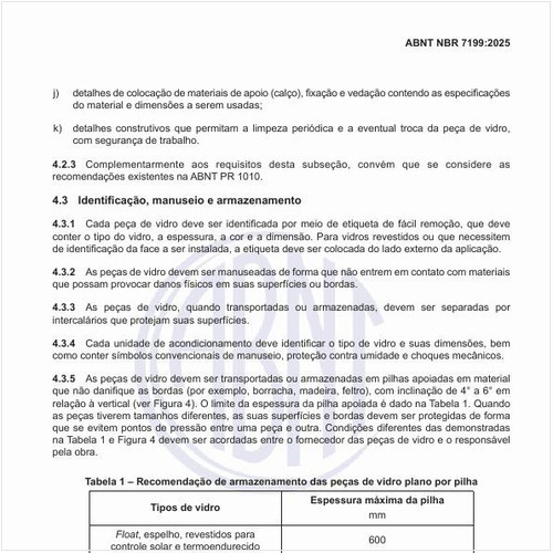 Qual é a recomendação de armazenamento das peças de vidro plano por pilha?