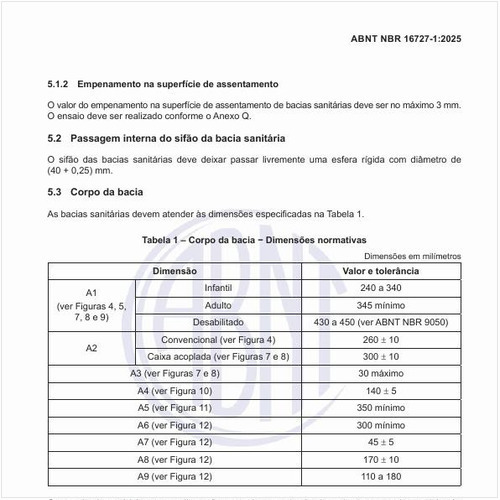 Para o corpo da bacia, quais as dimensões normativas?