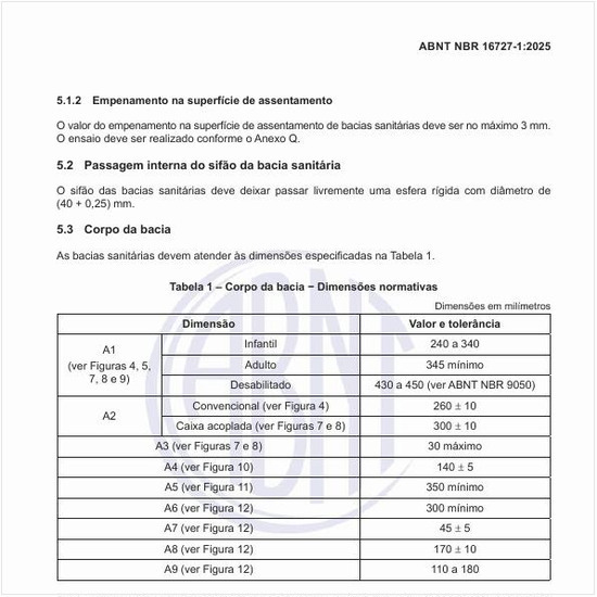 Para o corpo da bacia, quais as dimensões normativas?