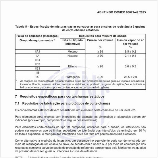 Qual deve ser a especificação de misturas gás-ar ou vapor-ar para ensaios de resistência à queima de corta-chamas estáticos?