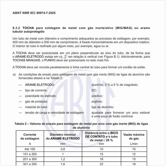Quais são os valores de ensaio para soldagem de metal por arco com gás inerte (MIG) de ligas de alumínio?
