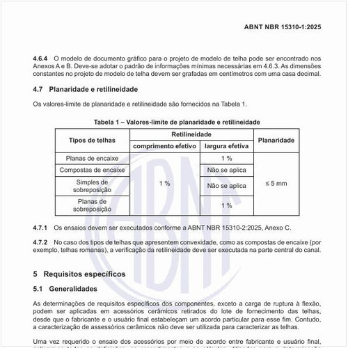 Quais são os valores-limite de planaridade e retilineidade das telhas?
