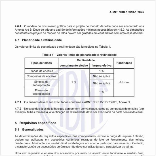 Quais são os valores-limite de planaridade e retilineidade das telhas?