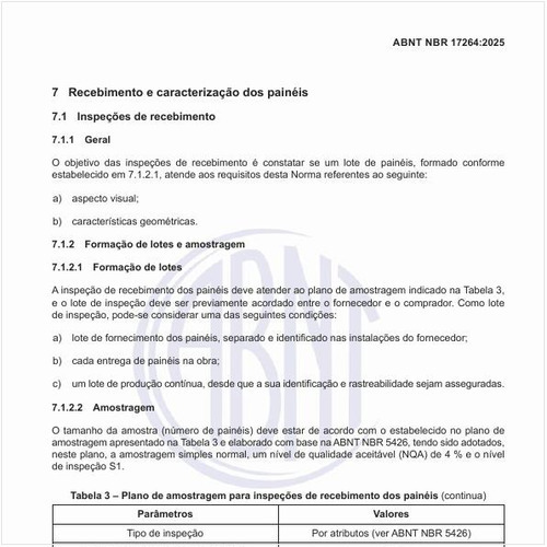 Qual deve ser o plano de amostragem para inspeções de recebimento dos painéis?