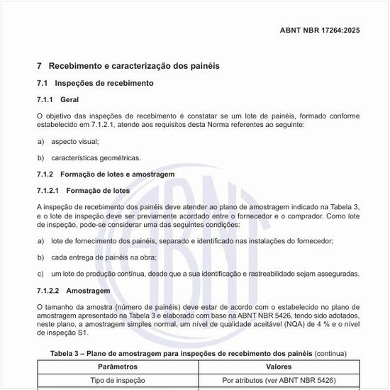 Qual deve ser o plano de amostragem para inspeções de recebimento dos painéis?