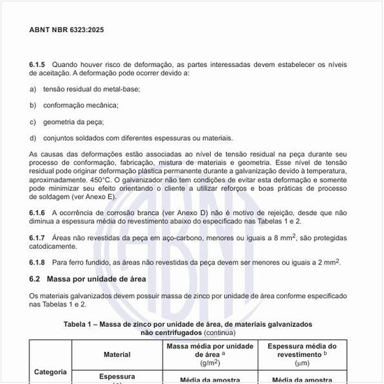 Qual é a massa de zinco por unidade de área, de materiais galvanizados não centrifugados?