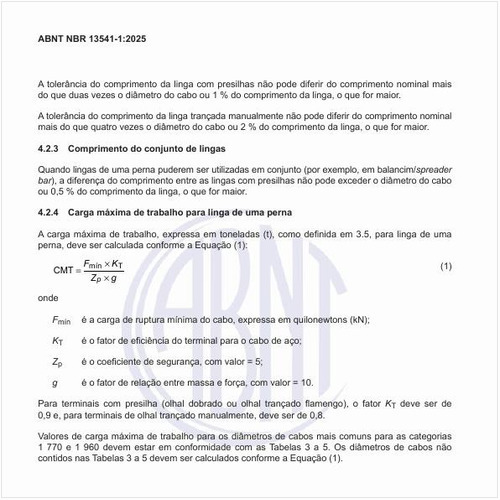 Como se calcula a carga máxima de trabalho para linga de uma perna?