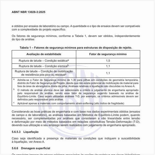 Quais são os fatores de segurança mínimos para estruturas de disposição de rejeito?