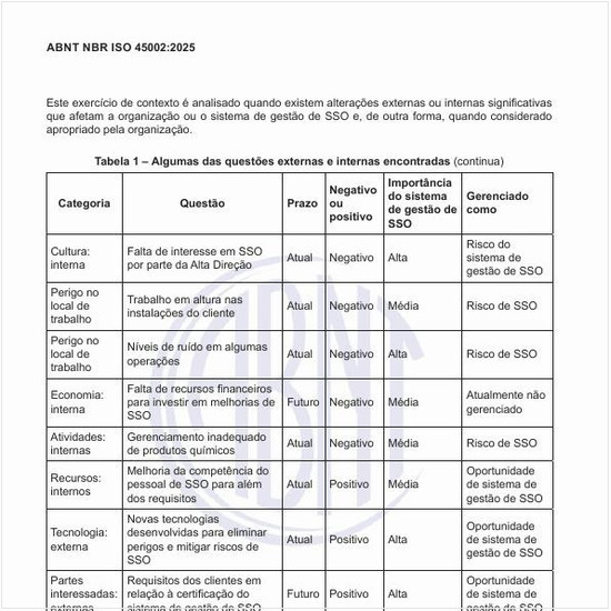 Quais são algumas das questões externas e internas encontradas?