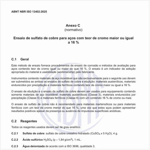 Quais são os reagentes para o ensaio de sulfato de cobre para aços com teor de cromo maior ou igual a 16%?
