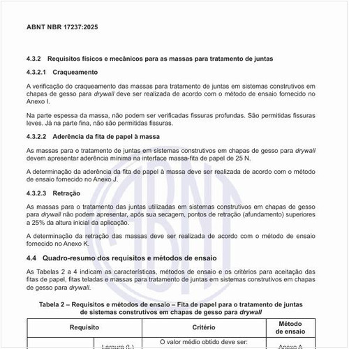 Quais são os requisitos e os métodos de ensaio de fita de papel para o tratamento de juntas de sistemas construtivos em chapas de gesso para drywall?