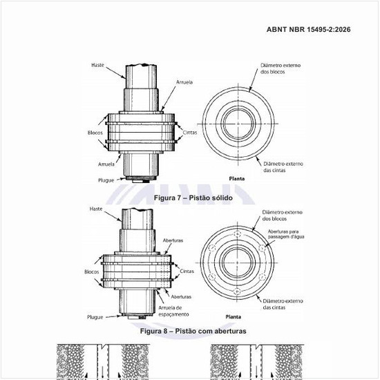 Como são os exemplos de diferentes configurações de pistões com flanges?
