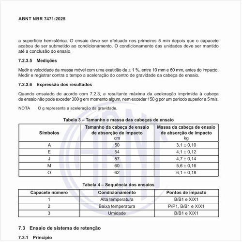 Qual deve ser o tamanho e a massa das cabeças de ensaio?