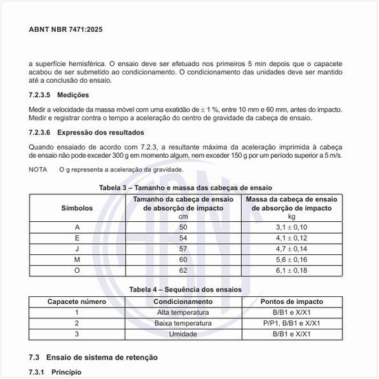 Qual deve ser o tamanho e a massa das cabeças de ensaio?