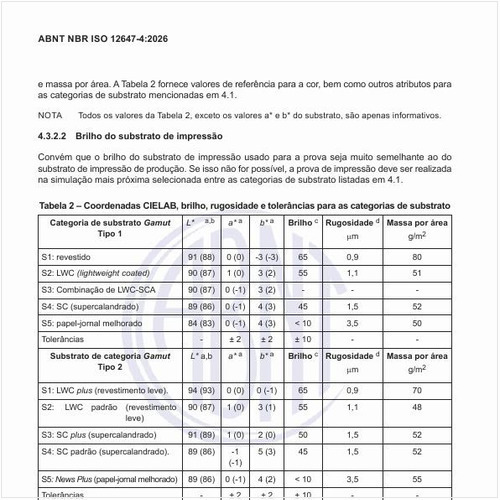 Quais são as coordenadas CIELAB, brilho, rugosidade e tolerâncias para as categorias de substrato?