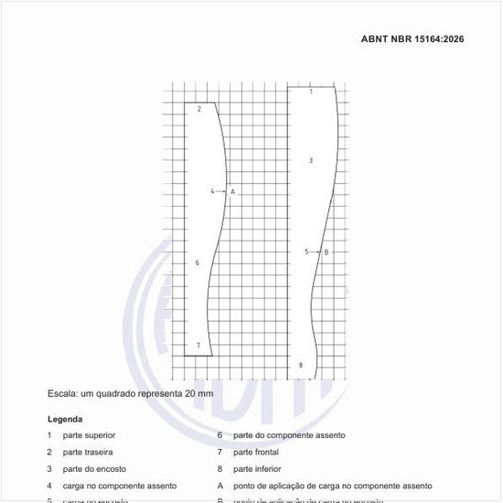 Quais são as curvas da superfície de aplicação de carga do gabarito de ponto de aplicação de carga no componente assento e no encosto?