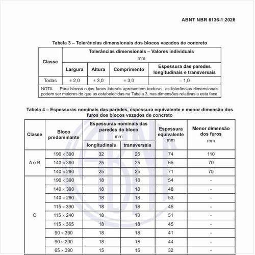 Quais são as espessuras nominais das paredes, espessura equivalente e menor dimensão dos furos dos blocos vazados de concreto?
