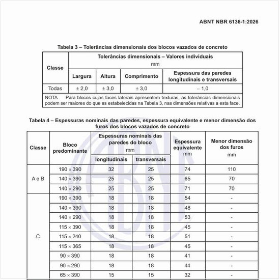 Quais são as espessuras nominais das paredes, espessura equivalente e menor dimensão dos furos dos blocos vazados de concreto?