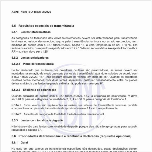 Quais são os requisitos especiais de transmitância?