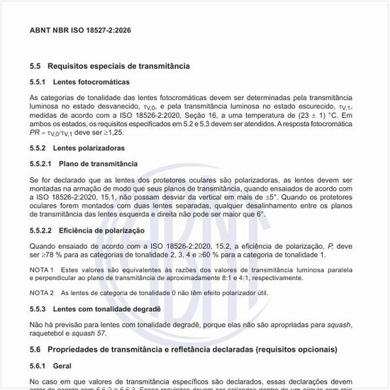 Quais são os requisitos especiais de transmitância?