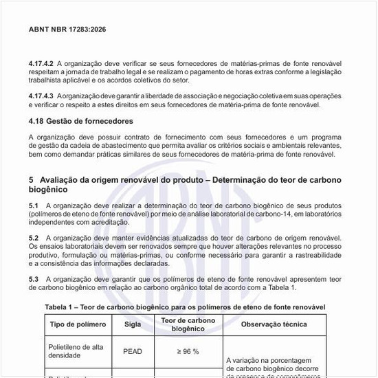 Qual deve ser o teor de carbono biogênico para os polímeros de eteno de fonte renovável?