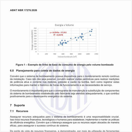 Como é um exemplo de linha de base do consumo de energia pelo volume bombeado?
