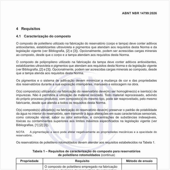 Quais devem ser os requisitos de caracterização do composto para reservatórios de polietileno rotomoldados?