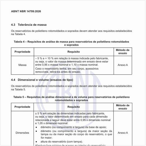 Quais os requisitos de análise dimensional e de volume para reservatórios de polietileno rotomoldados e soprados?