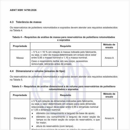Quais os requisitos de análise dimensional e de volume para reservatórios de polietileno rotomoldados e soprados?