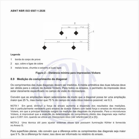 Qual é a distância mínima para impressões Vickers?